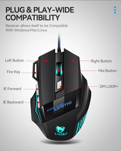 T-WOLF Wired Gaming Mouse 7-Button RGB Backlit Ergonomic Mechanical Mouse for PC Gamer