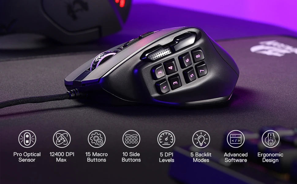 Redragon M811 Aatrox MMO žaidimų pelė, laidinė RGB žaidėjų pelė su 15 programuojamų mygtukų ir ergonomišku natūralaus suėmimo dizainu