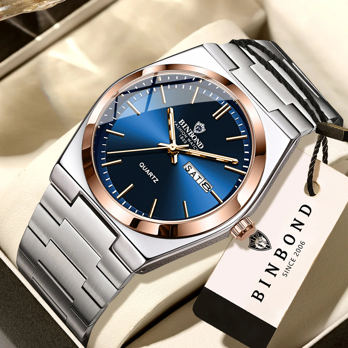 Reloj de pulsera de cuarzo de lujo BINBOND, luminiscente, resistente al agua, con indicación del día de la semana y fecha automática, correa de acero, estilo ejecutivo, deportivo, moderno y desenfadado.