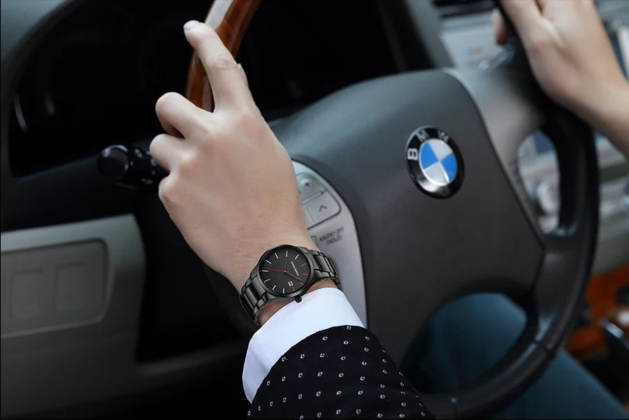 Montre pour homme Hannah Martin, boîtier en acier inoxydable, mouvement à quartz, cadran de 41 mm, style professionnel, avec affichage du calendrier (imitation)