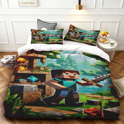 Cartoon Duvet Cover Set Minecraft Quilt Cover Bedding Set Soft and Comfortable for Bedroom Dormitory Best Gifts
