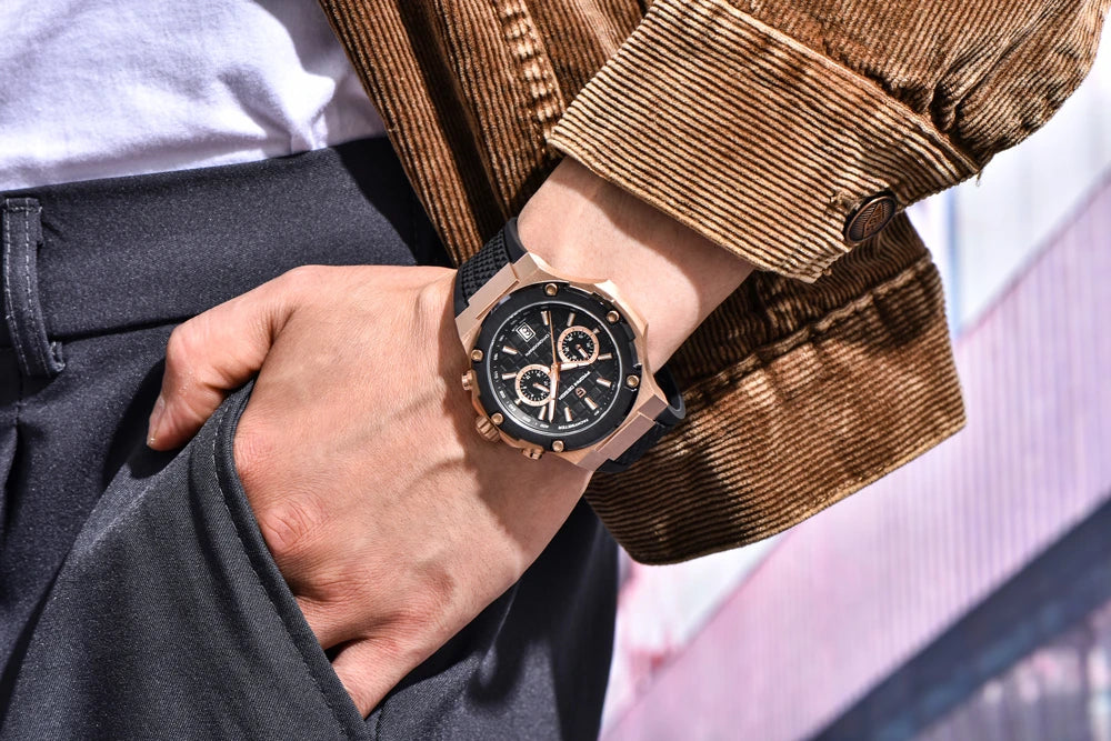 Křemenné pánské hodinky PAGANI DESIGN – luxusní sportovní chronograf, vodotěsný, s luminiscenčními ručičkami a safírovým sklem s antireflexní úpravou