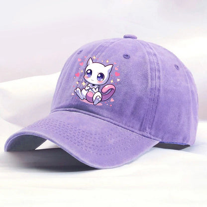 Casquette de baseball délavée pour adulte « Kawaii Pokémon » : Pikachu, Mewtwo, Bulbasaur. Casquette à visière. Motif mignon de dessin animé. Pour hommes et femmes. Protection solaire pour le voyage, la plage et le soleil.