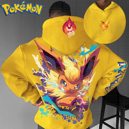 Pokemon Anime Flareon Cotton Hoodie Yellow Color Character Print with Fire Effect Pattern on Back and Hood Casual Streetwear