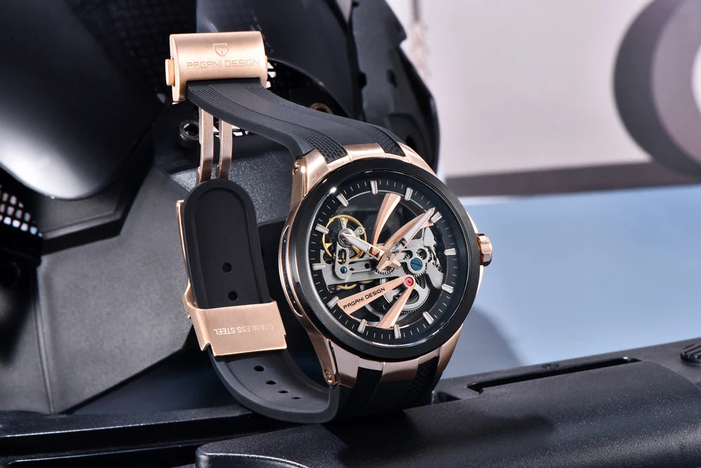 Moška ura PAGANI DESIGN – Luksuzni avtomatski mehanski model tipa »skelet« (z odprtim srcem), opremljen s turbiljonom, safirnim steklom z antirefleksno obdelavo, vodotesna in svetleča.
