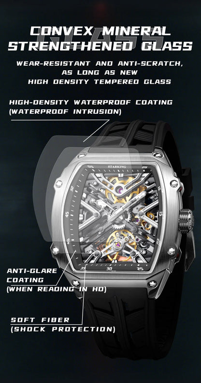 STARKING Men's Waterproof Sports Mechanical Watch, Wear-resistant Silicone Strap, Automatic, Luminous Tonneau Luxury Design