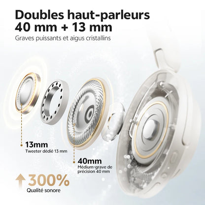 Casque sans fil Bluetooth 6.0 QCY BH25H3SA avec audio spatial 3D, réduction de bruit active adaptative -56 dB, haut-parleur de 53 mm, casque pliable supra-auriculaire