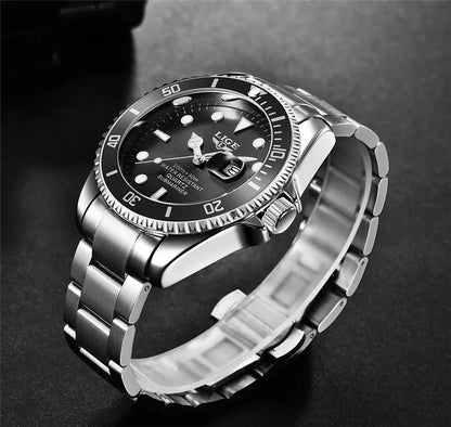 Luxus-Taucheruhr für Herren, Marke LIGE, wasserdicht bis 3 ATM, mit Datumsanzeige, sportliche Quarzuhr