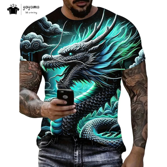 Men's t-shirts Dragon Pattern Short Sleeve Tee Fashion Street O-Neck Top Trend Animal 3D Printing Loose Versatile Men's Clothing