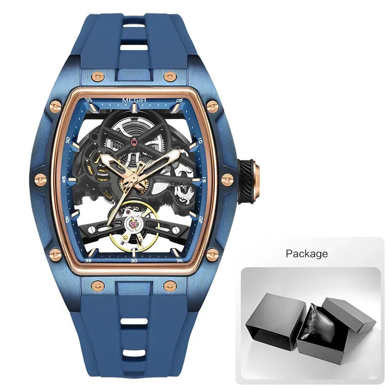 MEGIR Automatic Wristwatch Men Fashion Black Silicone Strap Wateproof Luminous Sport Mechanical Watch with Tonneau Dial 2242