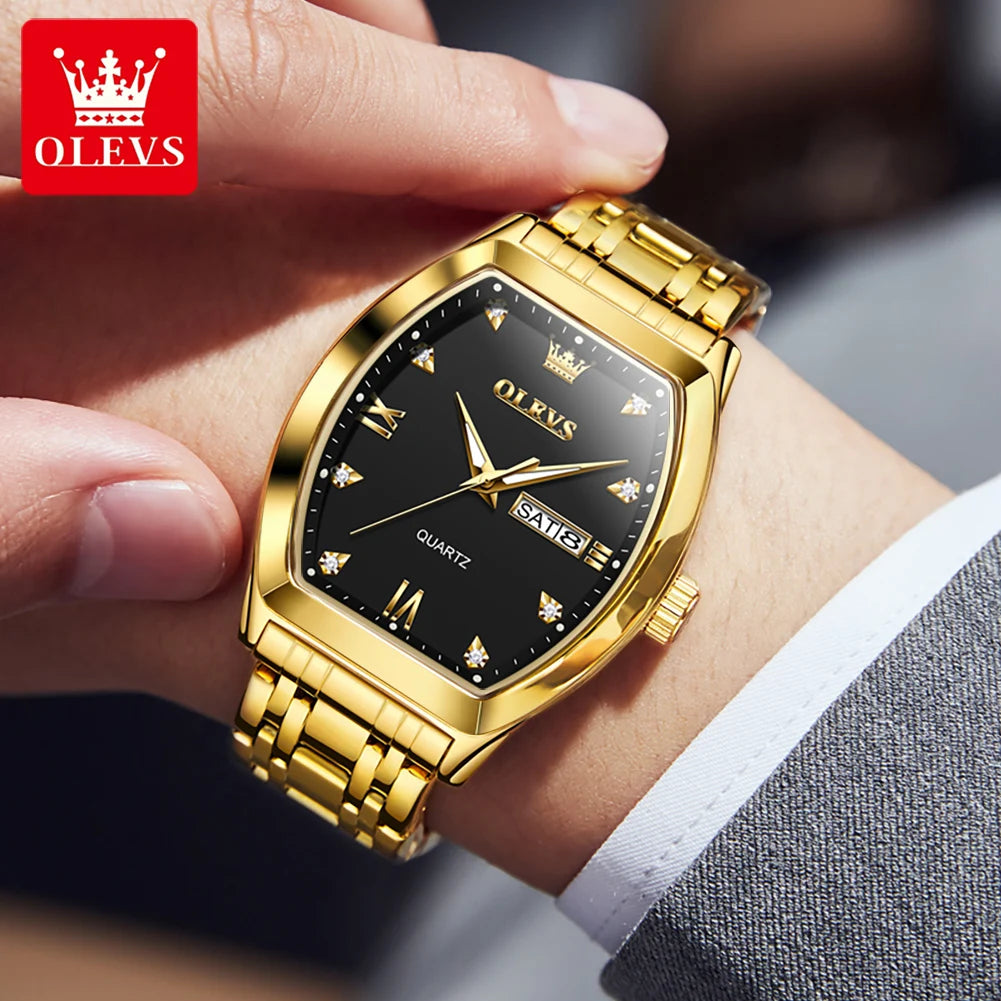Reloj para hombre OLEVS, modelo de lujo con forma de barril, reloj de cuarzo de una marca de prestigio, resistente al agua, con indicador de día y fecha, y agujas luminiscentes.