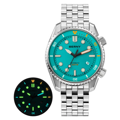 BERNY Automatic Diver Watch for Men Top Luxury Sapphire 316L Steel Blue Dial 200M Waterproof Mechanical Diving Men's Watches