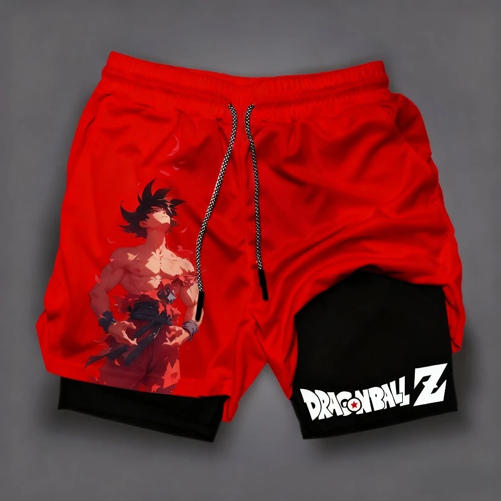 2026 Summer Dragon Ball  Goku Wolf Samurai 2-in-1 Gym Shorts 100% Cotton Oversized Fitness Retro Streetwear Unisex  Adults Kids