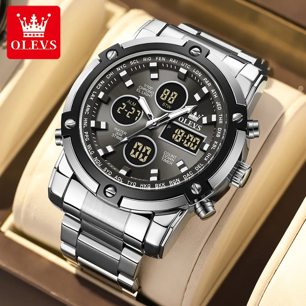 OLEVS Herrenuhr – Wasserdichte Quarz-Armbanduhr aus Edelstahl mit LED-Anzeige – Sportlicher und trendiger Stil (Modell 1106)