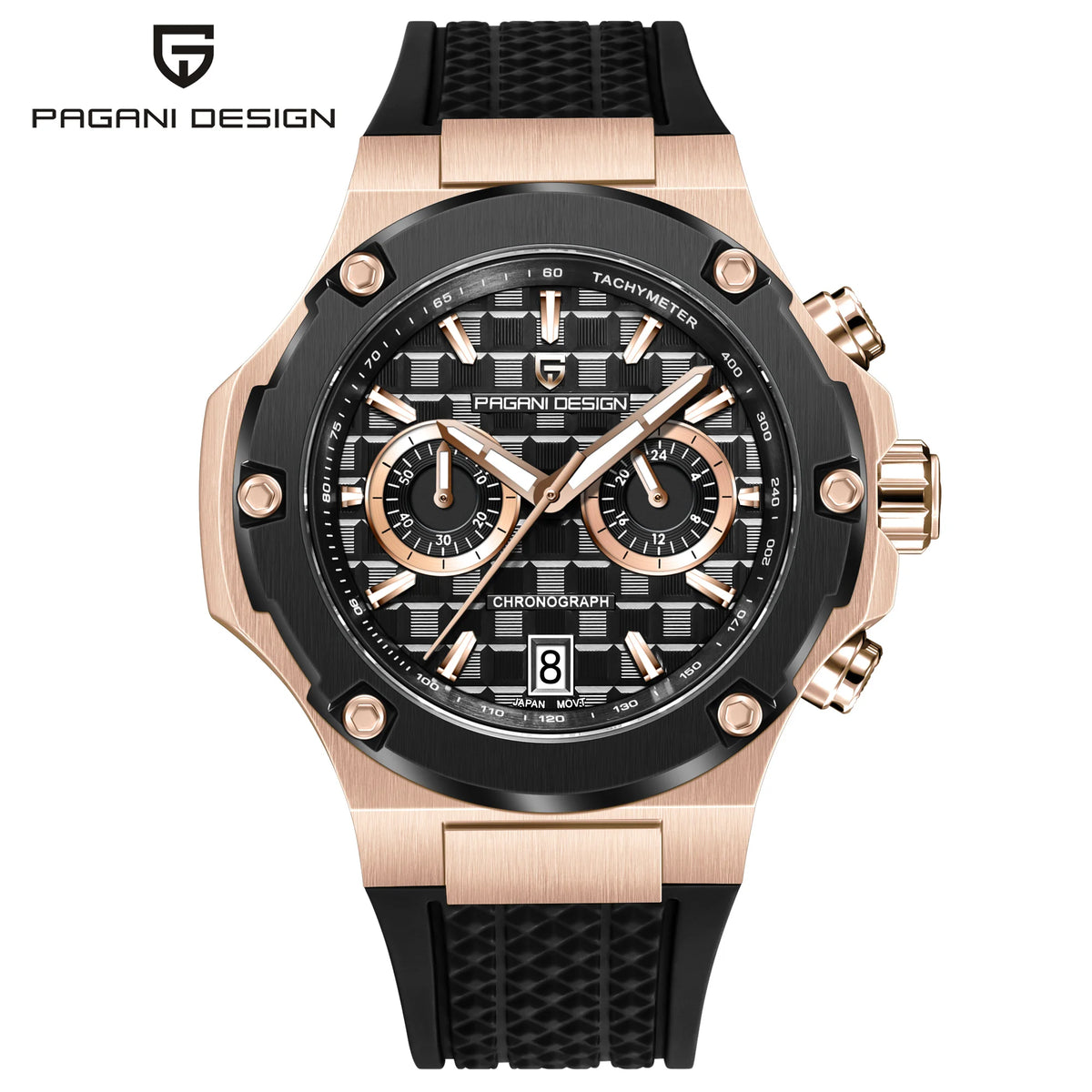 PAGANI DESIGN Men's Watches Luxury Rose Gold Sport Chronograph Japan VK64 Quartz Watch For Men Fluororubber Strap Wristwatch Men