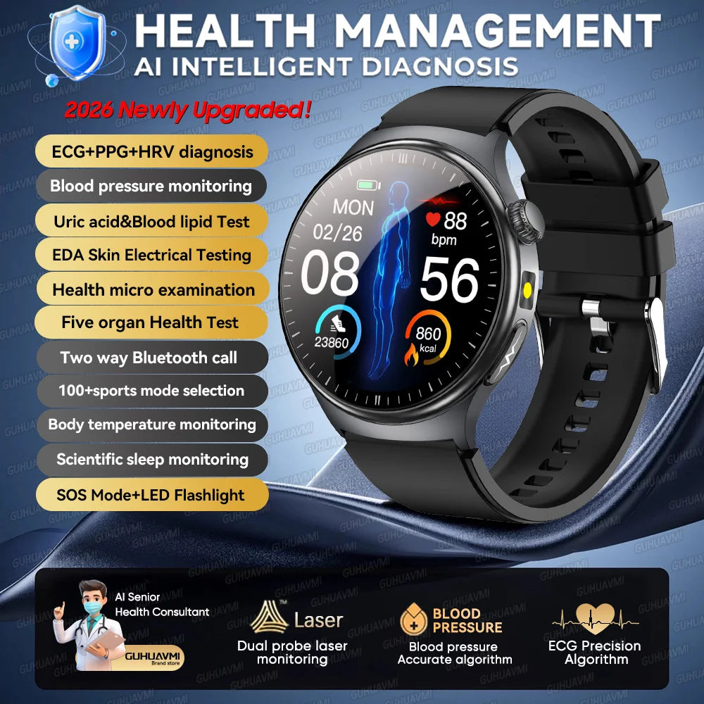 2026 AI Health Smartwatch ECG + PPG, Blood Pressure, Uric Acid & Body Fat Monitoring, AMOLED Display & Bluetooth Calling