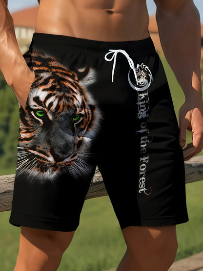 Men Beach Shorts Casual Animal 3D Print Tiger Graphics Drawstring Summer Running Shorts Loose Quick-Dry Sportswear Men Clothes