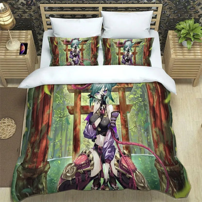 Conjunto de cama Anime Genshin Impact para rapaz e rapariga, tamanhos Twin e Queen, capa de edredão e fronha, roupa de cama moderna para crianças e adultos, têxtil-lar
