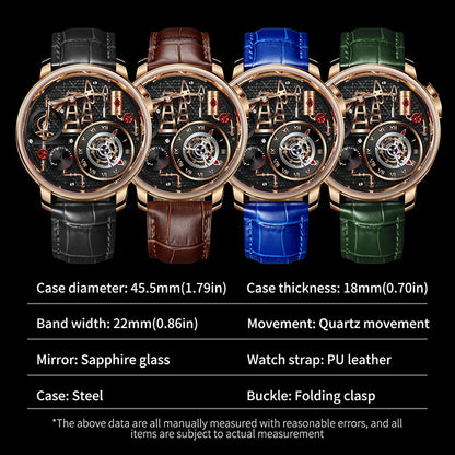 Reloj de cuarzo PINDU NEW TOP con bomba de aceite de botón para hombre de negocios, 45.5MM, cristal de zafiro, resistente al agua, correa de cuero para hombre