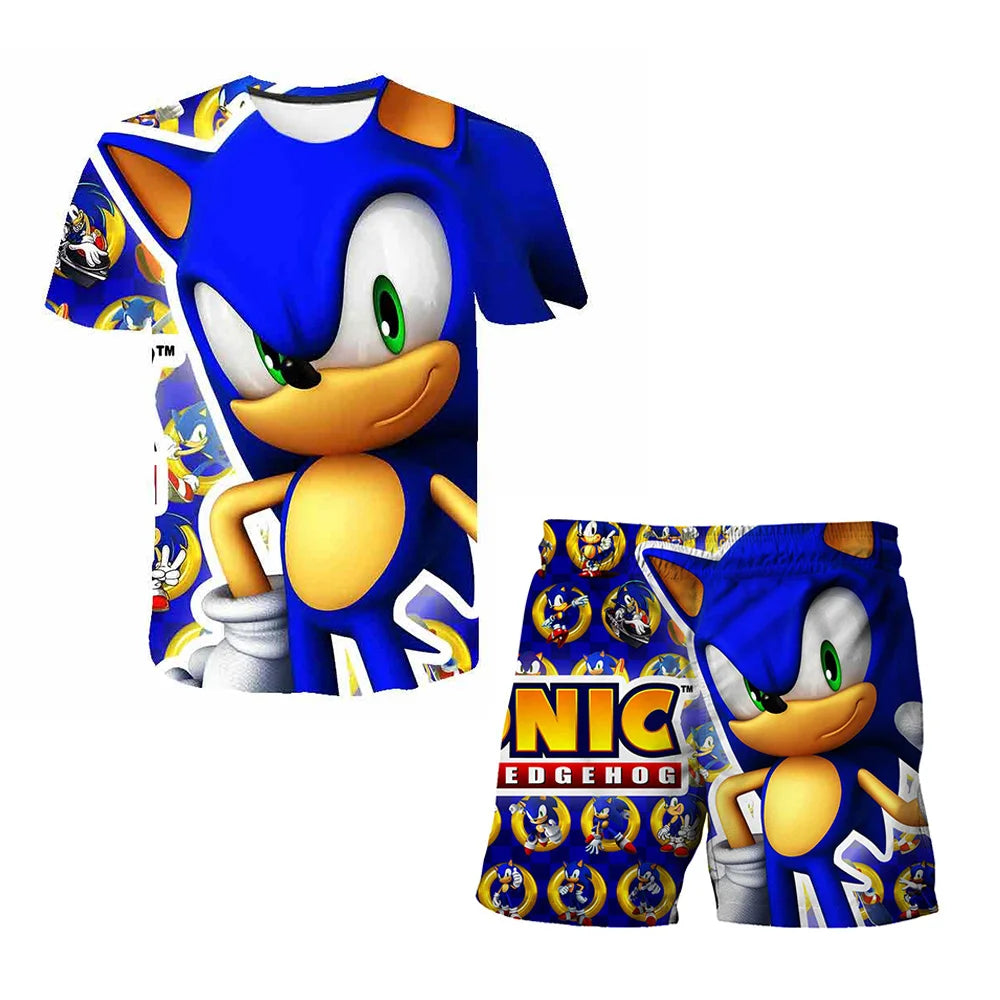 2026 Sonic The Hedgehog 3D T-shirt Set for Boys and Girls: Cute Summer Top + Shorts - Children's Short-Sleeve Birthday Gift