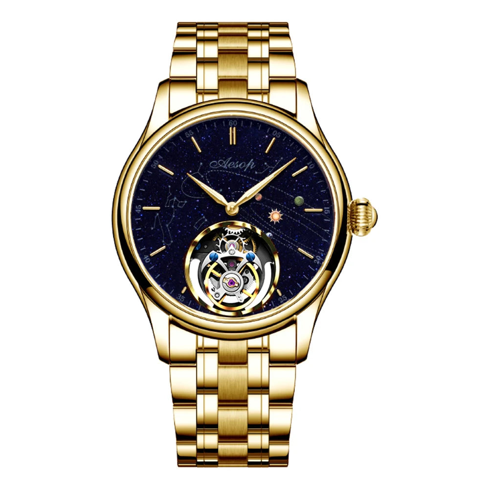 AESOP Mens Mechanical Wristwatches Flying Tourbillon Movement Skeleton Watch for Men Man Luxury Clocks Real Tourbillon Watch
