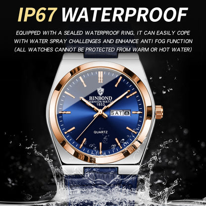 BINBOND Luxury leather strap quartz wristwatches precise luminous waterproof auto date week display durable men's watch reloj