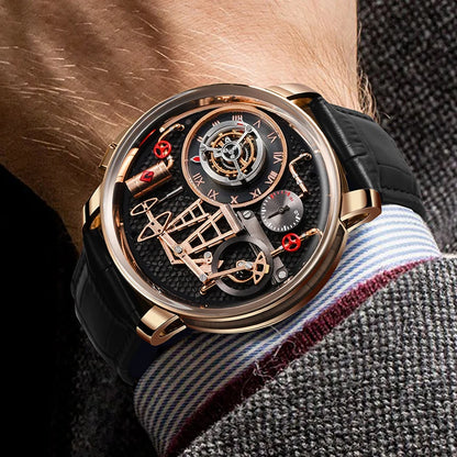 Reloj de cuarzo PINDU NEW TOP con bomba de aceite de botón para hombre de negocios, 45.5MM, cristal de zafiro, resistente al agua, correa de cuero para hombre