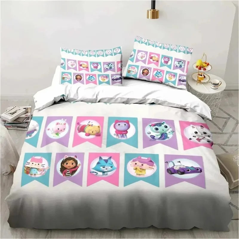 Gabbys Dollhouse 3D-gedrucktes Bettwäsche-Set mit Bettbezug und Kissenbezug, Twin Full King, für Kinder und Erwachsene, Schlafzimmer