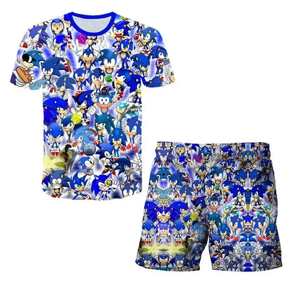 Sonic The Hedgehog Top Fashion 3D Anime Children's T-shirt Set Short Sleeve + Shorts Two-piece Set Girls Boys Cosplay Costume