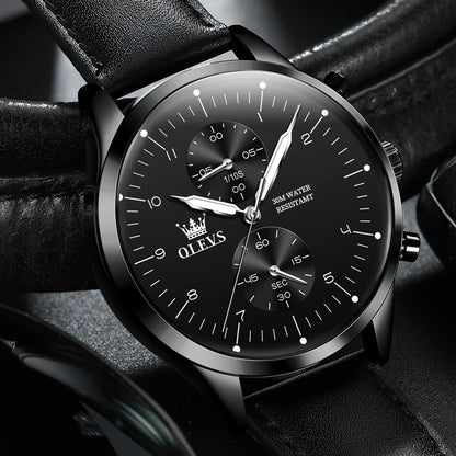OLEVS 2880 herenhorloge – Elegante en strakke chronograaf, leren band, automatische datumweergave, waterdicht, lichtgevende wijzers, quartz uurwerk.