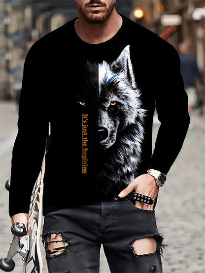2024 New Wolf Print Men's Long Sleeve T-shirt Spring And Autumn Men's Daily Casual Shirt Street Fashion Men's Long Sleeve T-shir