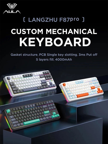 AULA F87 Pro mechanische Tastatur 2.4g/Usb/Bluetooth Tri-Mode Wireless, 87 Tasten, RGB, PBT, Gasket, 5-lagige Schalldämpfung, Full-Key, No Impact