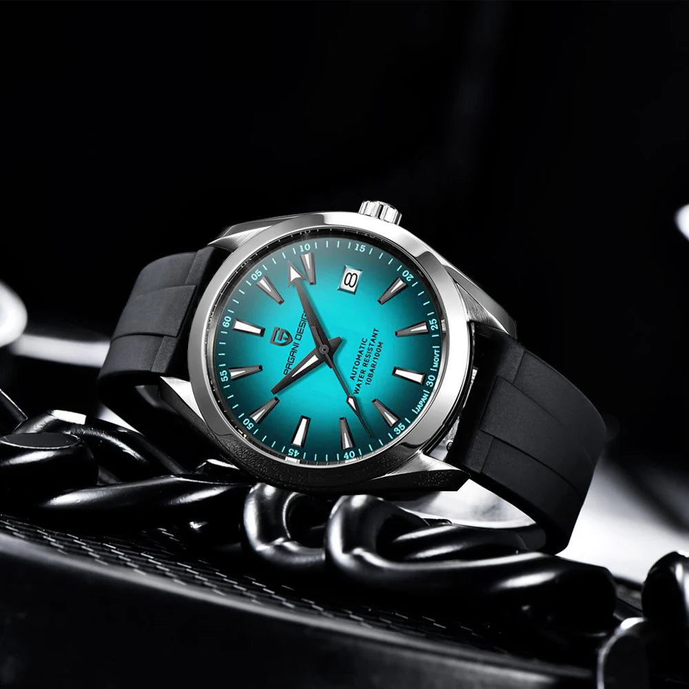 Luxusuhr für Herren von PAGANI DESIGN – Mechanisches Automatikmodell (Kaliber 8215), aus Edelstahl, wasserdicht, mit Datumsanzeige und leuchtenden Zeigern