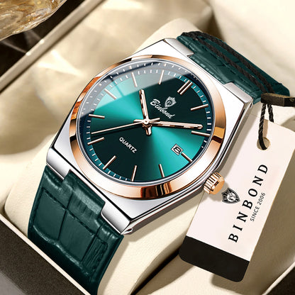 Orologio da polso al quarzo di lusso BINBOND da uomo – Impermeabile, luminescente, con data automatica – Stile professionale, sportivo, alla moda e casual – Cinturino in pelle