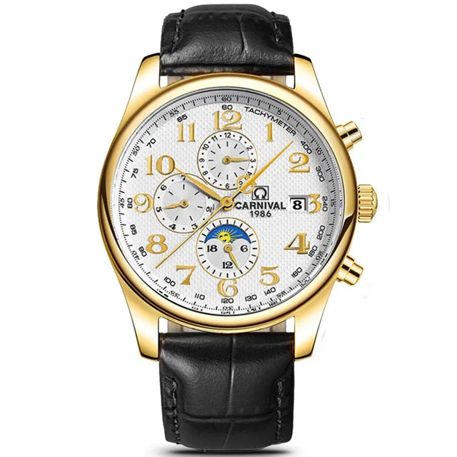 Carnival Brand Automatic Watch, Fashion Luxury Waterproof Calendar with Moon Phase, Mechanical Watches for Men