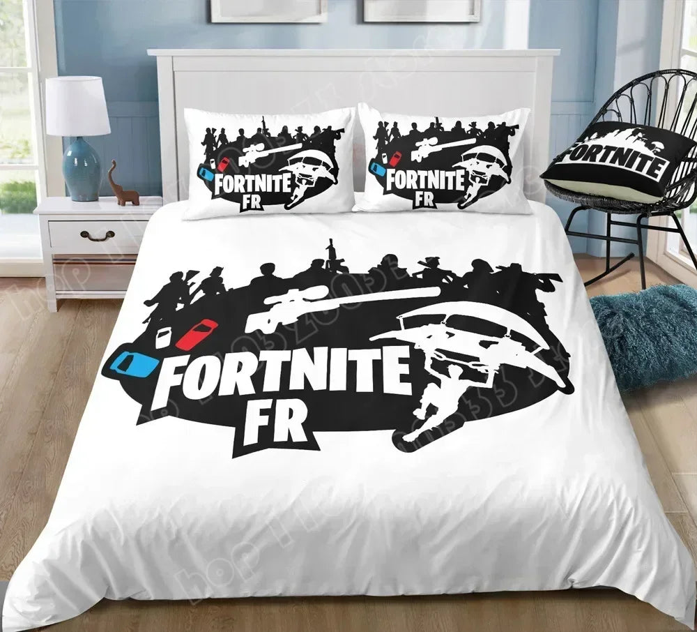 Fortnite-Bettwäsche-Set, Bettbezug, 3-teilig, 3D-bedruckte Schlafzimmer-Bettwäsche, Game-Anime-Cartoon-Kissenbezug, Zimmerdekoration, Geschenk