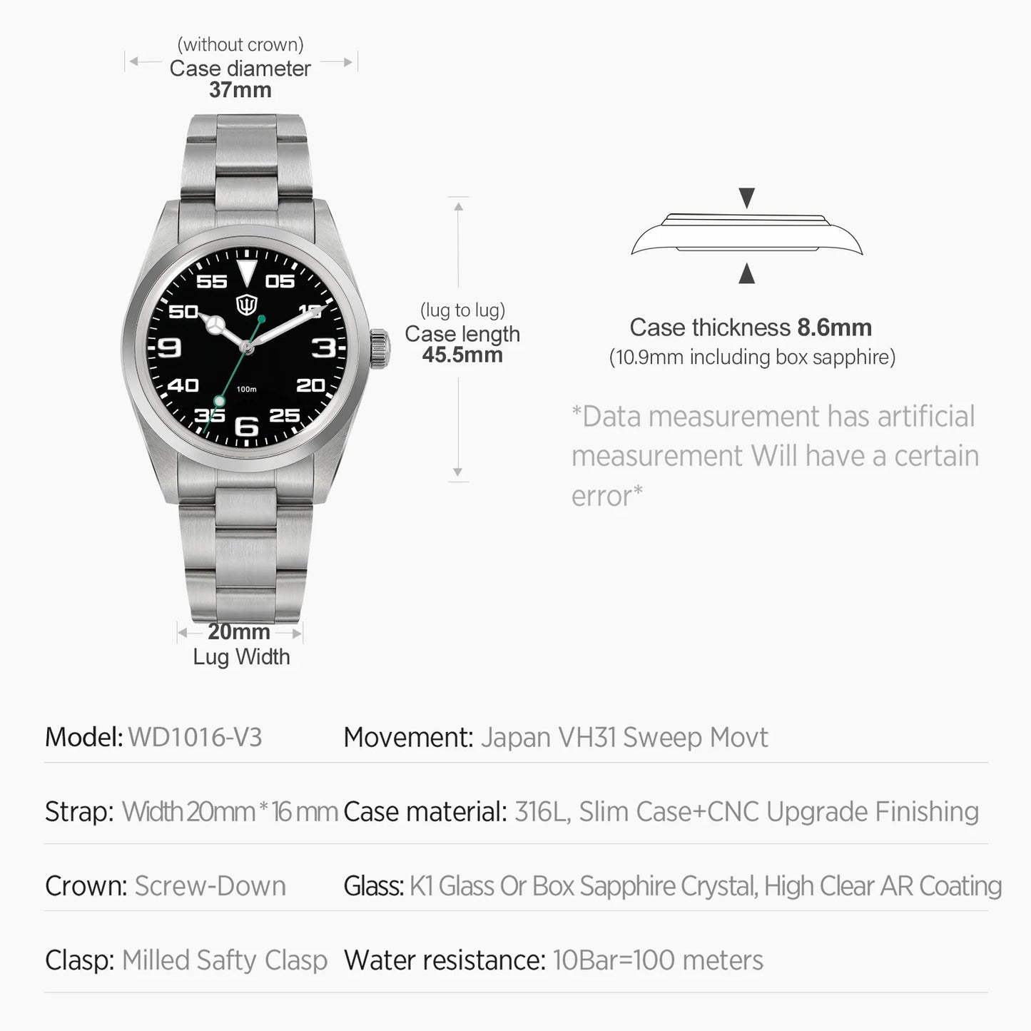 Watchdives WD1016 V3 37mm Watch VH31 Sweep Movement Stainless Steel Watches Luxury Sapphire 100m Waterproof Men Watch Box Gift