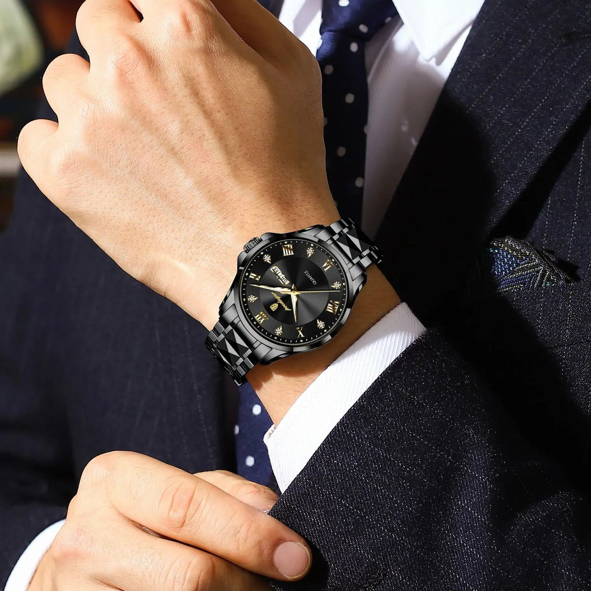 Zegarek męski POEDAGAR, oryginalny model luksusowy, wodoodporny, podświetlany, z wyświetlaczem daty i dnia tygodnia, elegancki styl, koperta ze stali nierdzewnej, mechanizm kwarcowy, idealny do pracy.