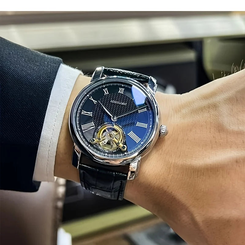 Automatikus mechanikus férfi karóra – Elegáns, áttört kialakítás, divatos „business casual” stílus, ötvözetből készült tok és bőr karkötő, elem nélkül