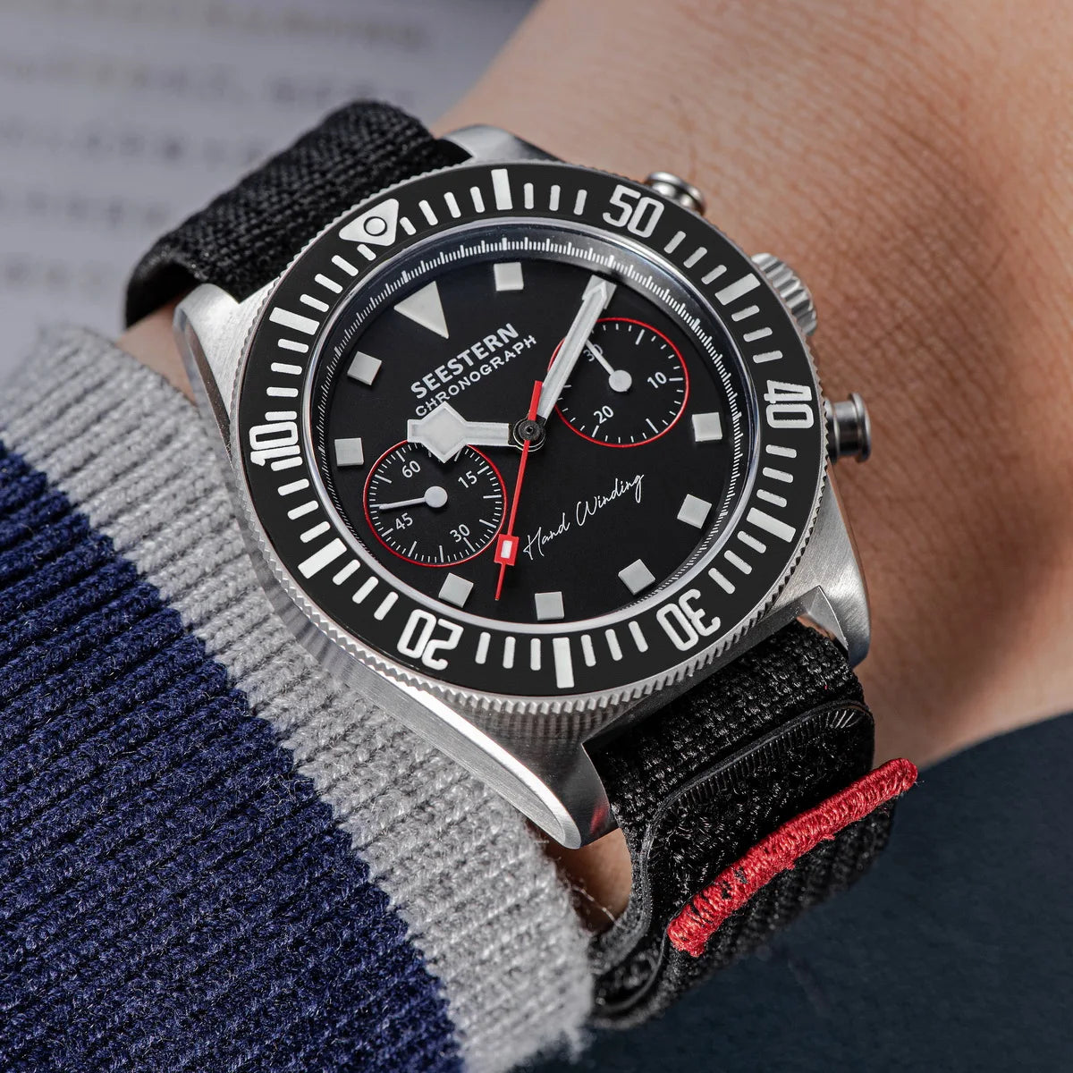 SEESTERN Chronograph Herren-Mechanikuhr Tianjin ST1901 Uhrwerk Saphirglas-Armbanduhr mit Nylon-Klettarmband, Leuchtzeigern und Skelettdesign