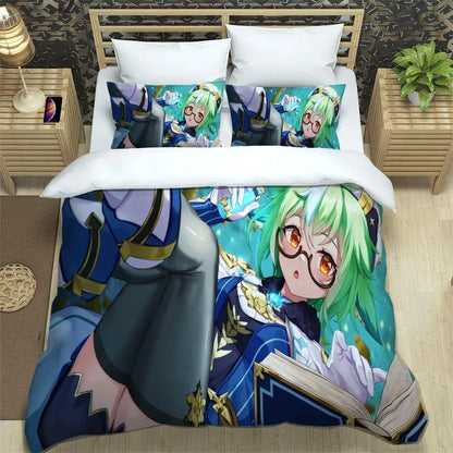 Conjunto de cama Anime Genshin Impact para rapaz e rapariga, tamanhos Twin e Queen, capa de edredão e fronha, roupa de cama moderna para crianças e adultos, têxtil-lar