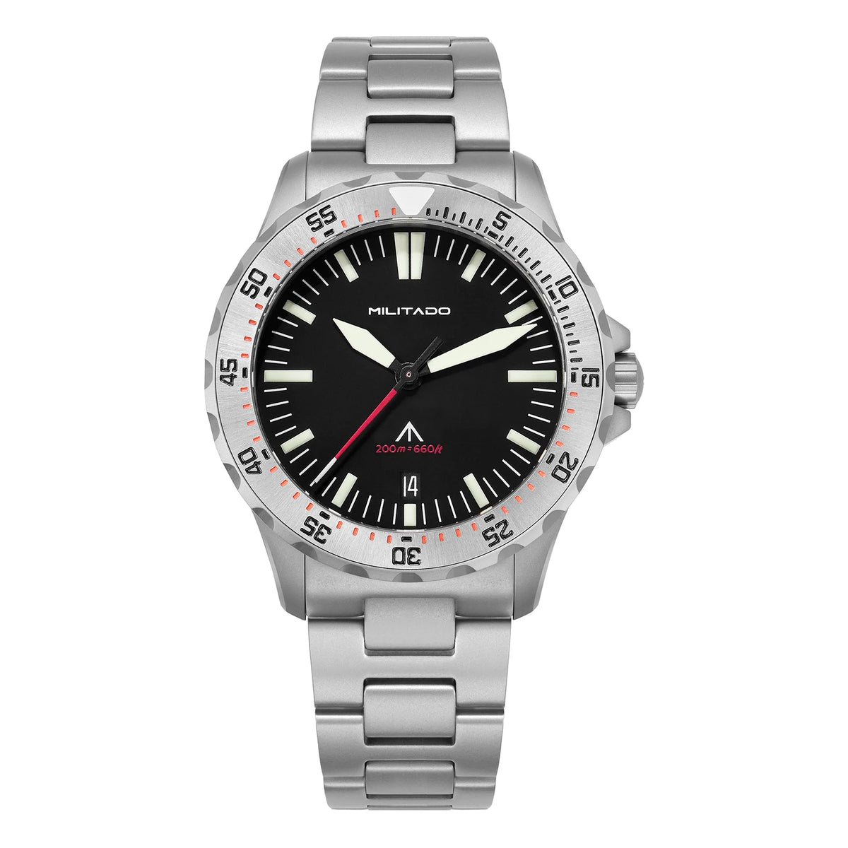 Militado ML16 39mm Quartz Dive Watch Sapphire Crystal 200M Water Resistant Ceramic Bezel BGW9 Lume Screw Down Crown