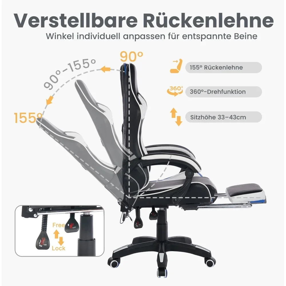 360 ° - Swivel Ergonomic Racing Design Gaming Chair Leather High Back Office Chair Height Adjustable Task Chair, Black&White