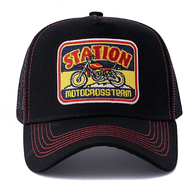 Casquette de camionneur unisexe en maille, motif moto classique, casquette de baseball d'été respirante, casquette streetwear pour hommes et femmes