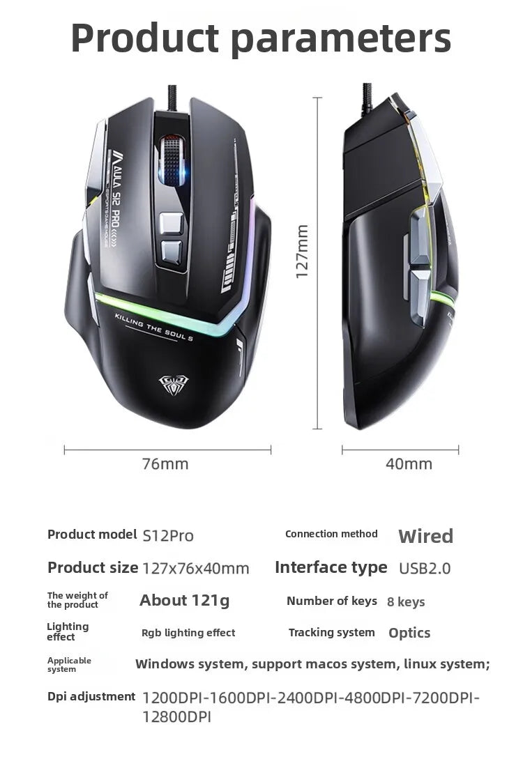 Vruća ponuda AULA S12 Pro žičani gaming miš 12800 DPI RGB pozadinsko osvjetljenje 8 programabilnih tipki ergonomski miš za igranje za PC i prijenosno računalo