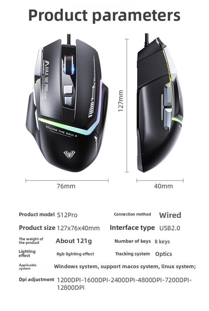 Vruća ponuda AULA S12 Pro žičani gaming miš 12800 DPI RGB pozadinsko osvjetljenje 8 programabilnih tipki ergonomski miš za igranje za PC i prijenosno računalo