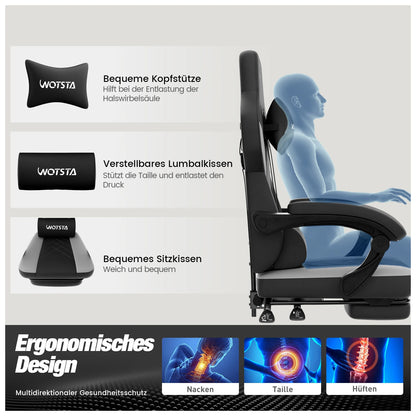 Silla gaming con reposapiés, silla gamer ergonómica con cojín lumbar y reposacabezas, silla gaming ajustable en altura para ordenador