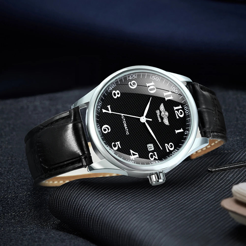 Klassische Herrenuhr – Retro-Design mit Kalender und blauen Zeigern, mechanisches Automatikwerk, renommierte Marke, Edelstahlgehäuse und Lederarmband