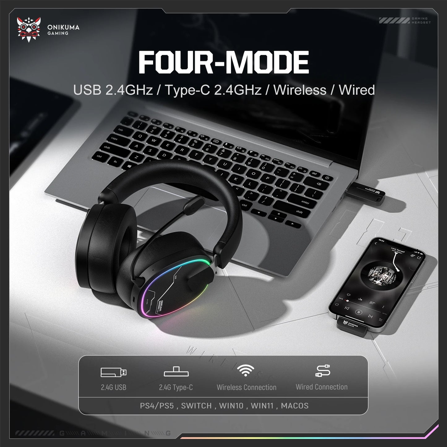 ONIKUMA Gt808 45dB Active Noise Canceling Wireless Headset | Hi-Res Audio, 1200mAh Battery 2.4GHz, Bluetooth, Wired