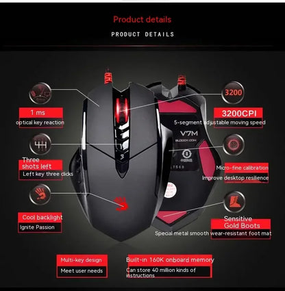 Rato com fios Bloody V7M RGB, leve, design ergonómico, 4000 dpi, para PC, escritório, e-sports e gaming, com programação de macros para CF, LOL e CS